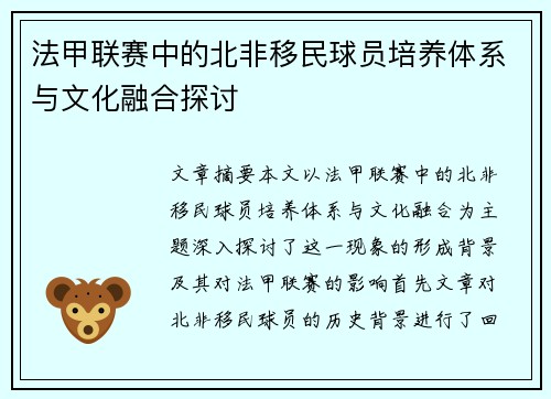 法甲联赛中的北非移民球员培养体系与文化融合探讨