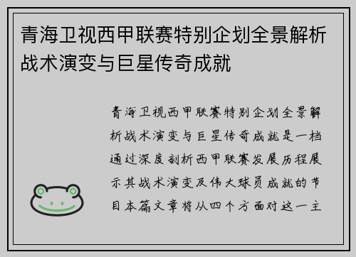 青海卫视西甲联赛特别企划全景解析战术演变与巨星传奇成就